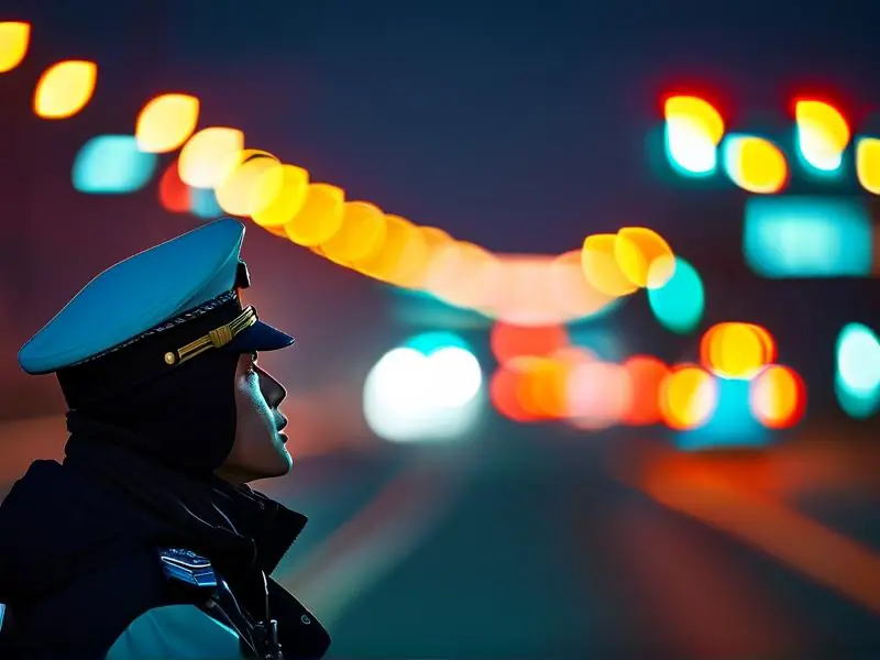 交警夜间检查酒驾现场