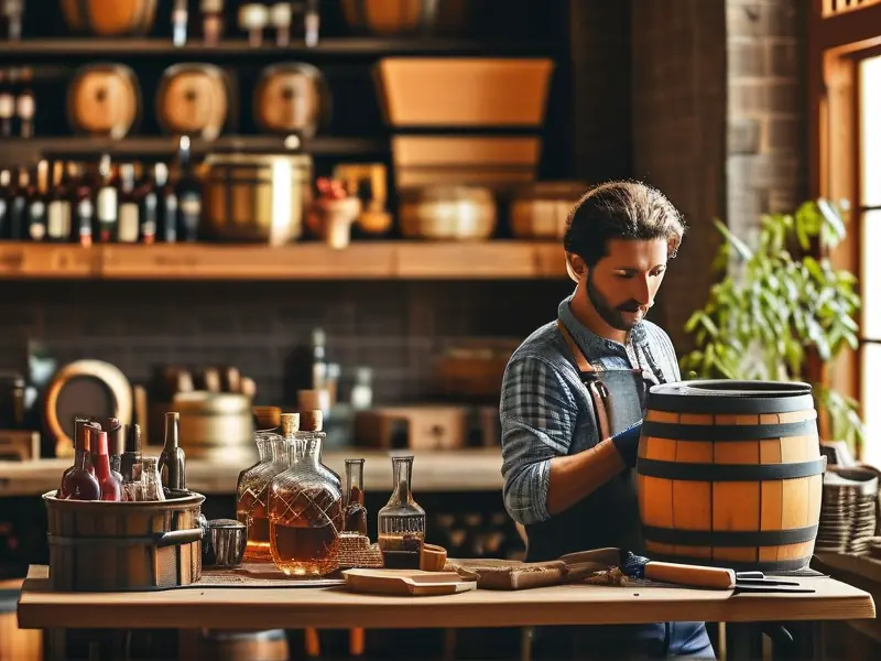 酿酒师检查发酵桶中的酒液