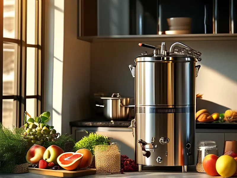 家庭厨房中的不锈钢酿酒设备特写