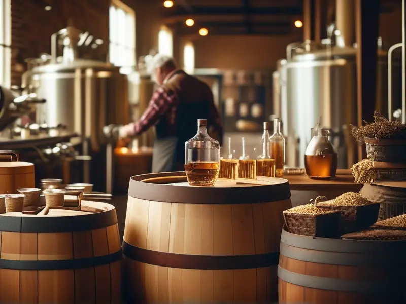 酿酒师检查发酵桶中的酒液