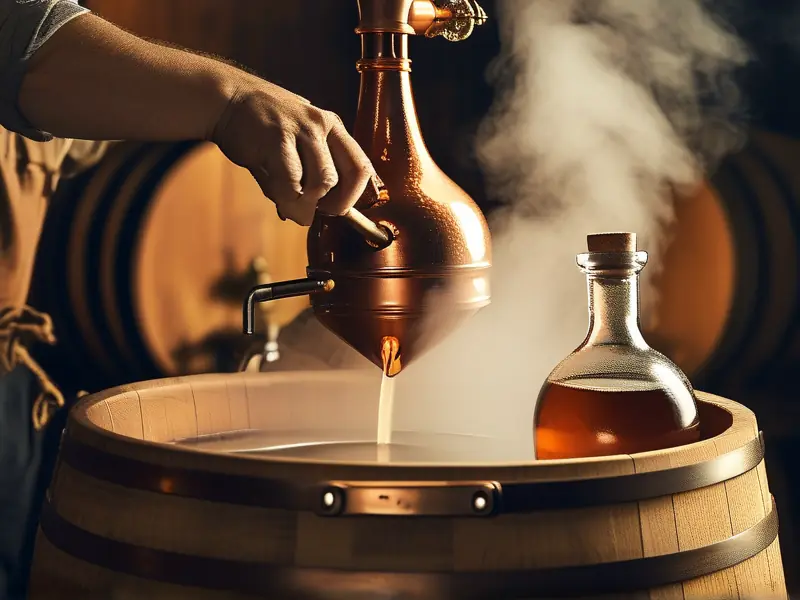 酿酒师操作传统蒸馏器进行酒的提纯过程