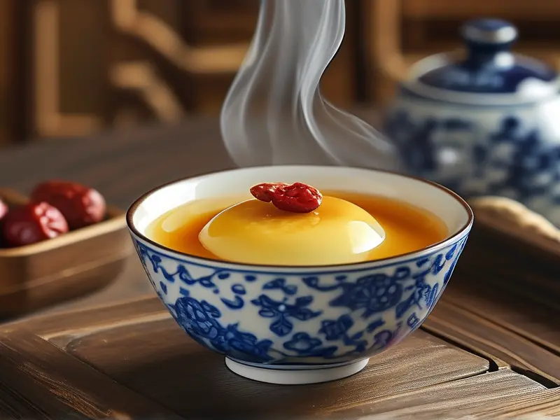 传统酒炖蛋成品特写:蛋羹金黄滑嫩,酒香四溢