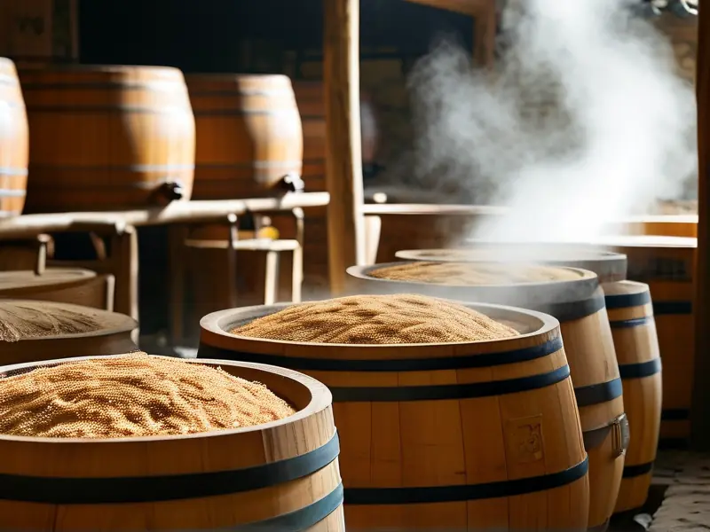 酒曲与粮食混合发酵的传统酿酒过程