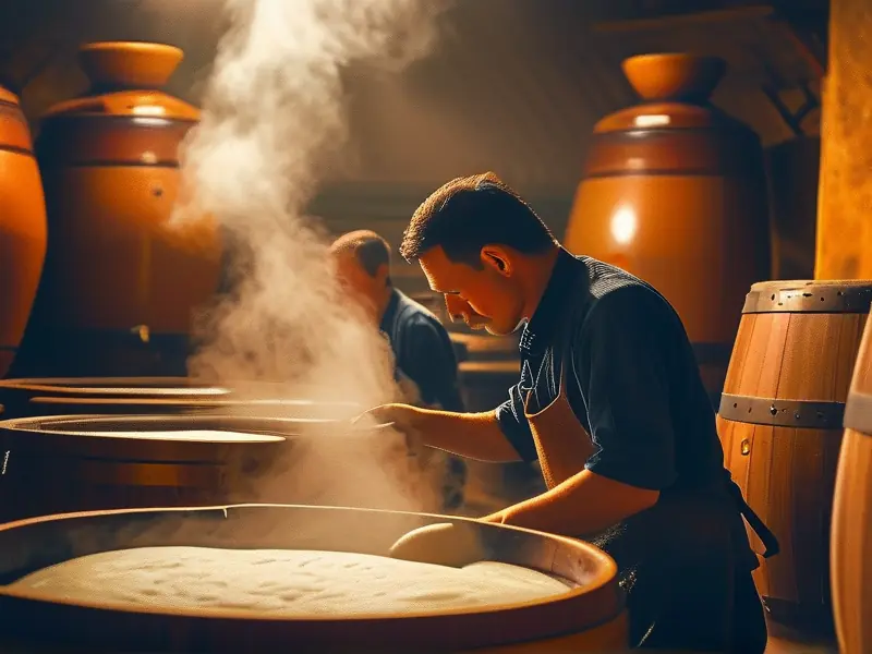 传统酿酒工艺中的发酵与蒸馏过程实景