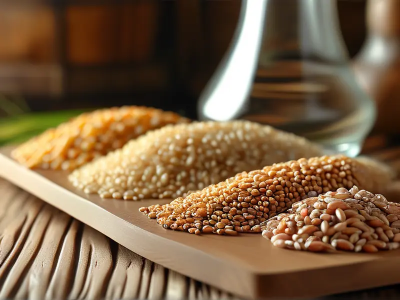 五种常见酿酒原料展示：高粱、大米、玉米、小麦和糯米