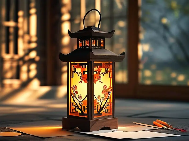 红酒盒改造的镂空梅花灯笼悬挂效果