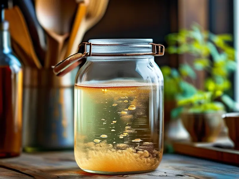 酒精发酵过程中的液体特写，展示活跃的酵母和气泡