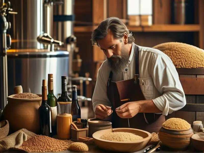 酿酒师调配酒料的过程
