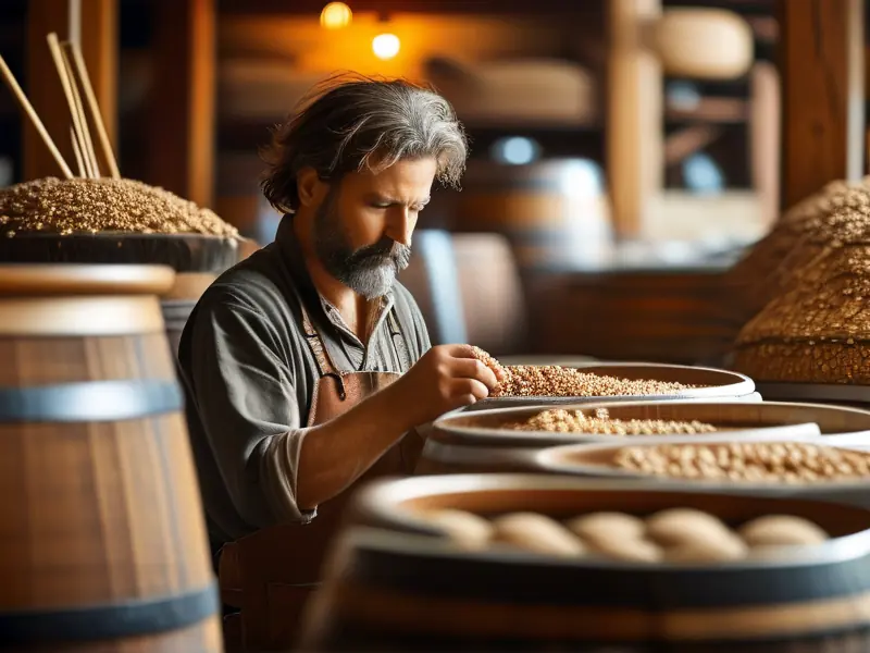 酿酒师检查酒米发酵过程