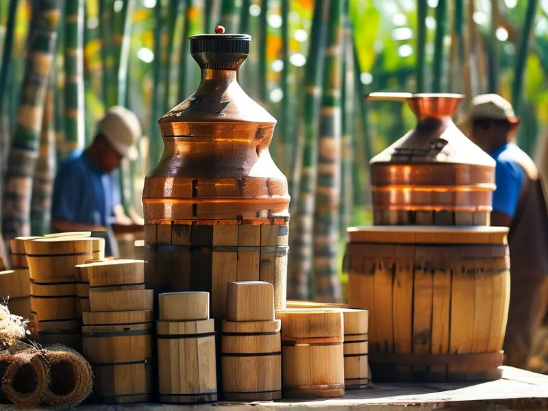 传统朗姆酒酿造场景：甘蔗田与蒸馏设备
