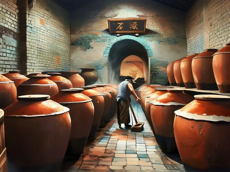 老珍酒传统坤沙工艺实景：酿酒师翻动酒醅