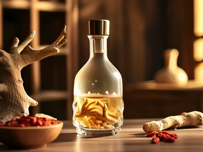 鹿茸泡酒实物展示图：玻璃瓶中的金黄色药酒与中药材