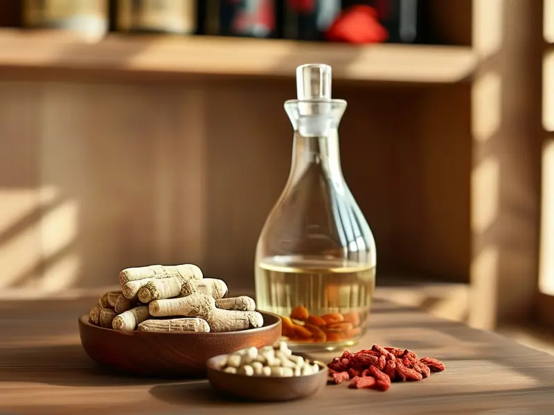 鹿茸泡酒原料展示：鹿茸片、人参、枸杞等中药材与泡酒器具