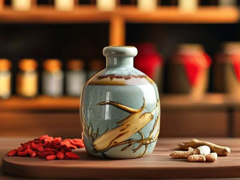 鹿鞭酒制作过程实拍图：鹿鞭与中药材在酒坛中浸泡