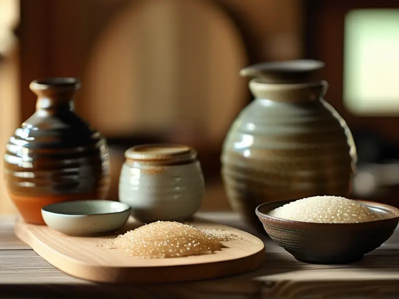米酒酿造原料展示:糯米、酒曲与传统陶罐