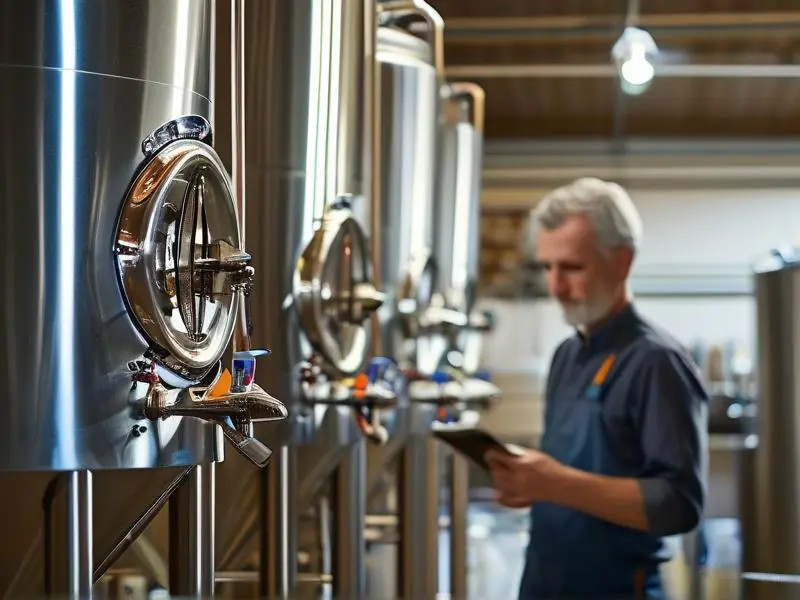 专业酿酒师检查不锈钢酿酒设备