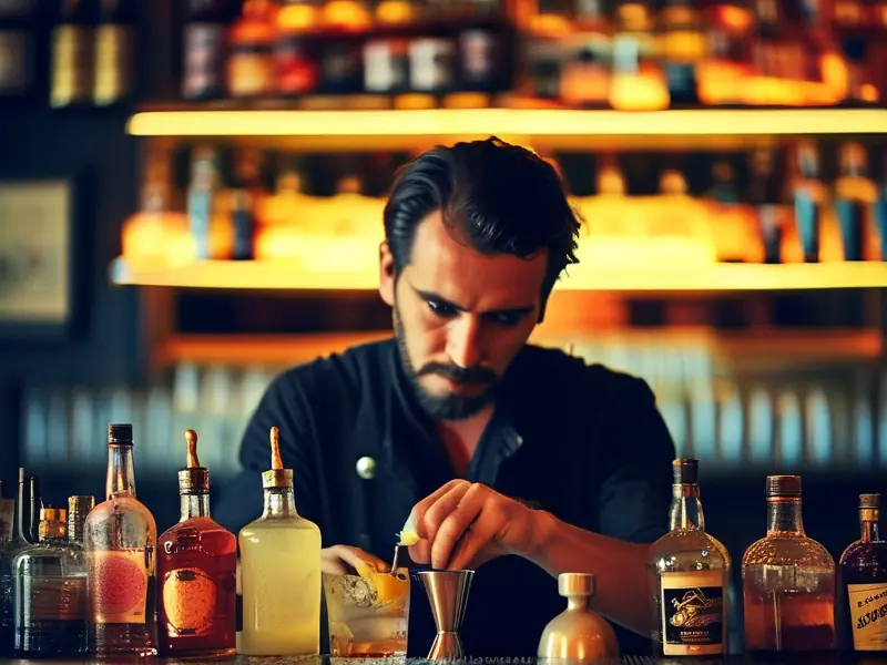 专业调酒师在吧台调制鸡尾酒