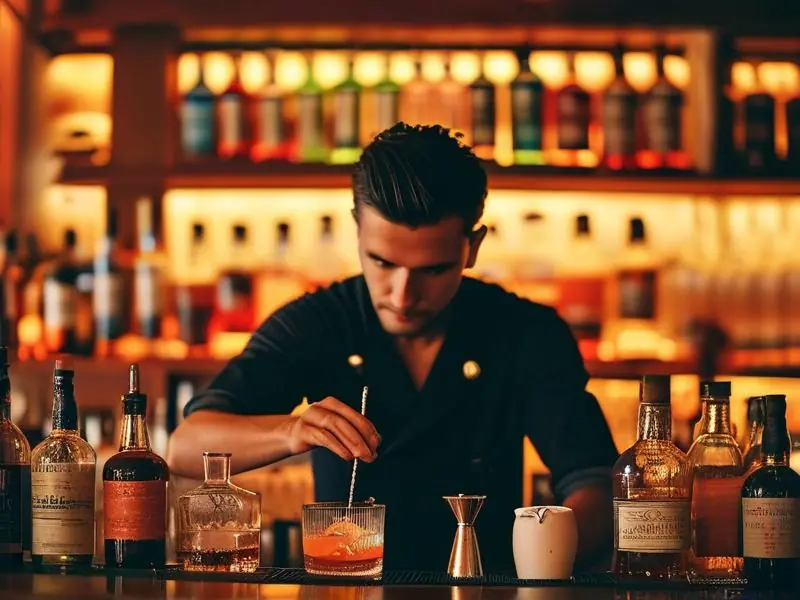 专业调酒师在酒吧吧台调制鸡尾酒