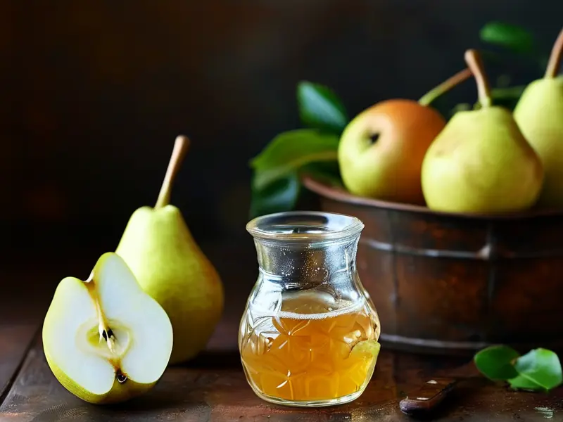 新鲜梨子和酿梨酒的工具展示