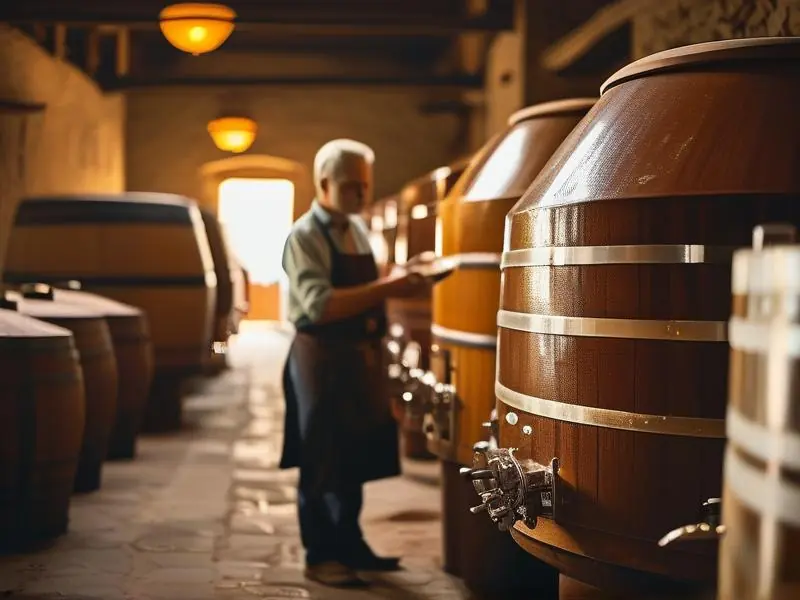 专业酿酒师检查不同材质的酿酒的缸