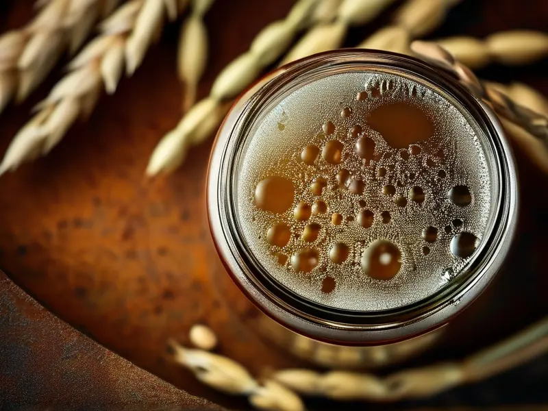 酿酒发酵过程中谷物与酵母在玻璃罐中活跃反应的近景图