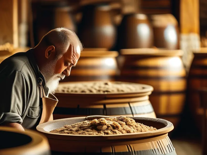 酿酒师检查传统酒曲发酵过程