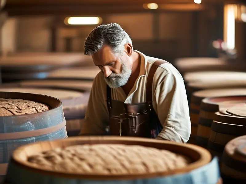 酿酒师检查发酵桶中的酒醅