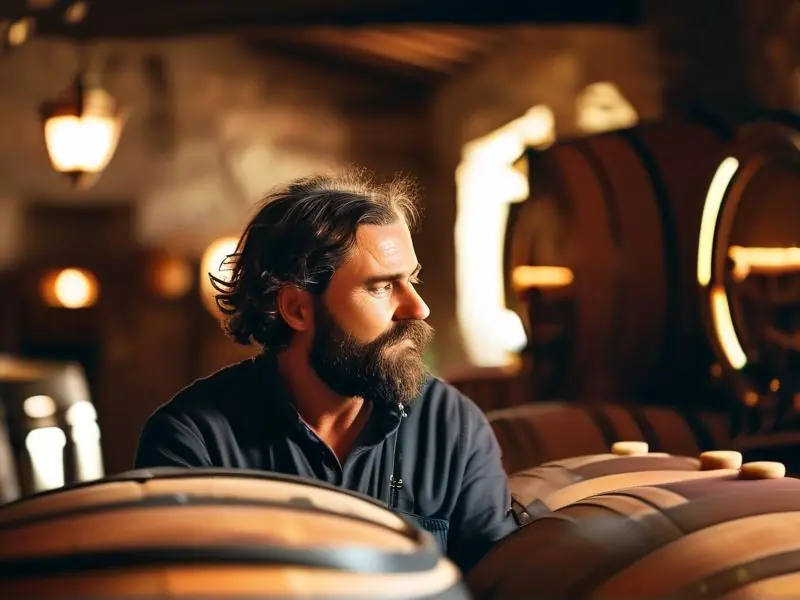 酿酒师检查发酵桶中的酒液