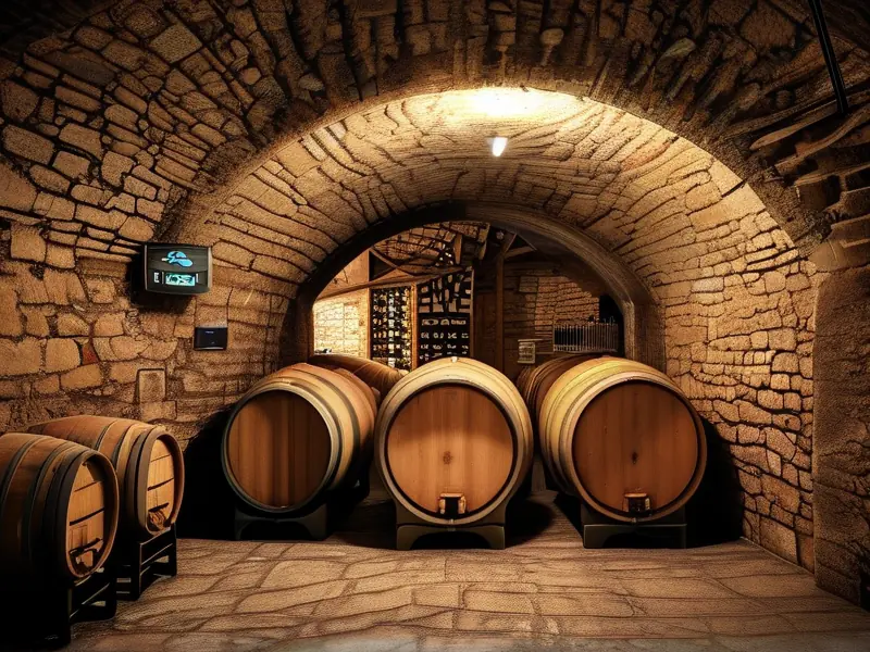 传统风格酿酒酒窖实景图,展示石墙、木桶及温控设备