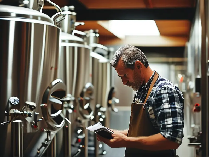 专业酿酒师检查不锈钢酿酒设备