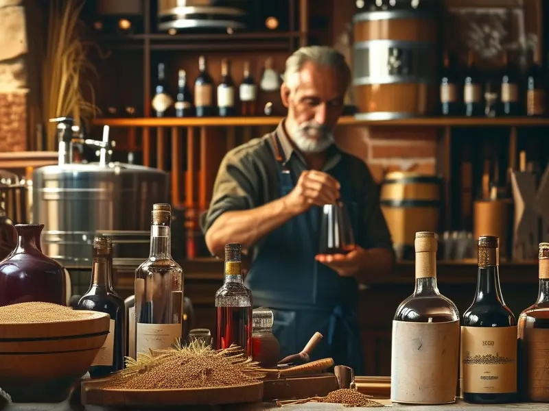 酿酒师调配酒液的场景