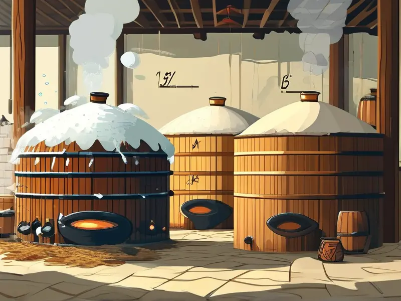 四季酿酒环境对比与温度控制示意图