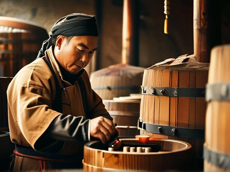 德山酒古法酿造技艺展示:酿酒师傅手工操作传统酿酒工具