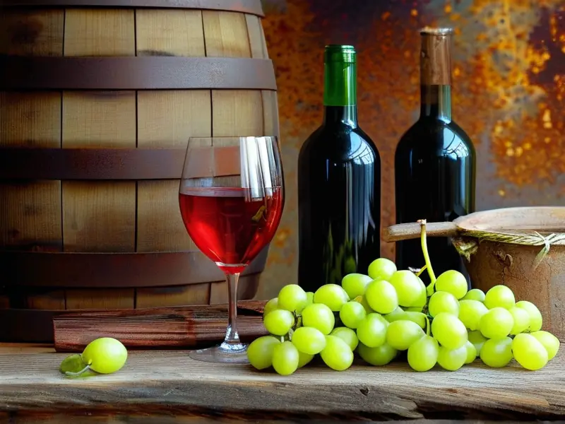 酿制葡萄酒的过程：葡萄、发酵罐和红酒杯