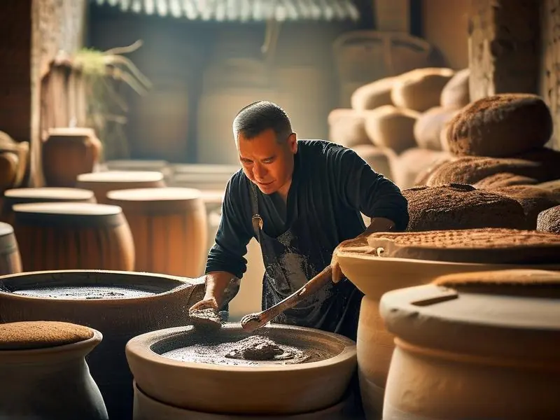 酿酒师制作浓香型白酒窖泥的传统工艺场景
