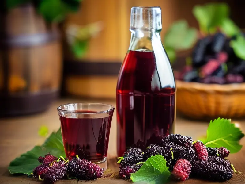 新鲜桑葚和正在发酵的桑葚酒