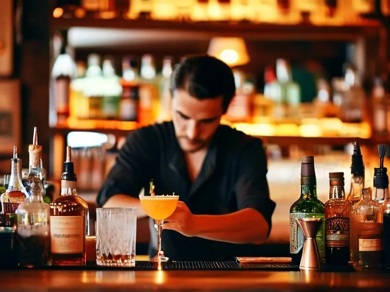 专业调酒师在吧台调制鸡尾酒