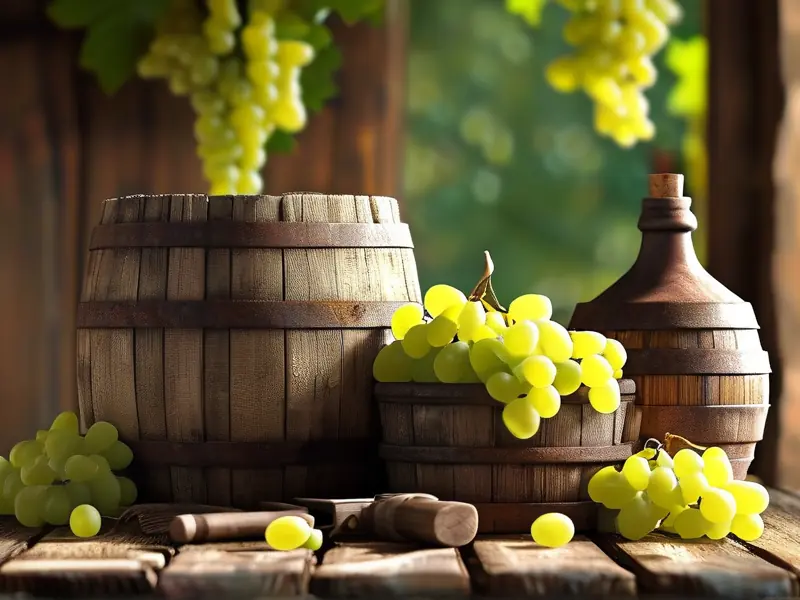 葡萄酒酿制工具和新鲜葡萄展示