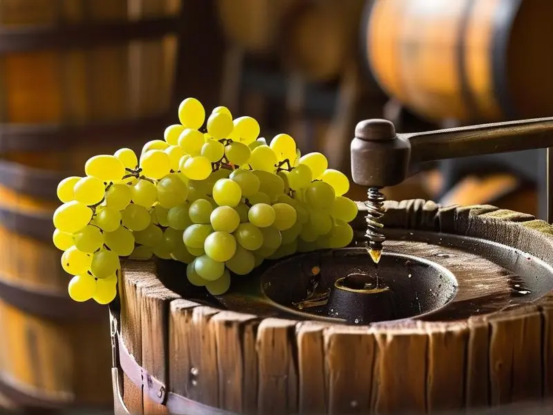 传统木制压榨机压榨新鲜葡萄酿制葡萄酒的过程