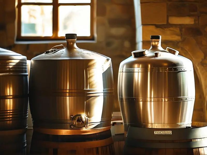 不同材质的葡萄酒酿造罐展示
