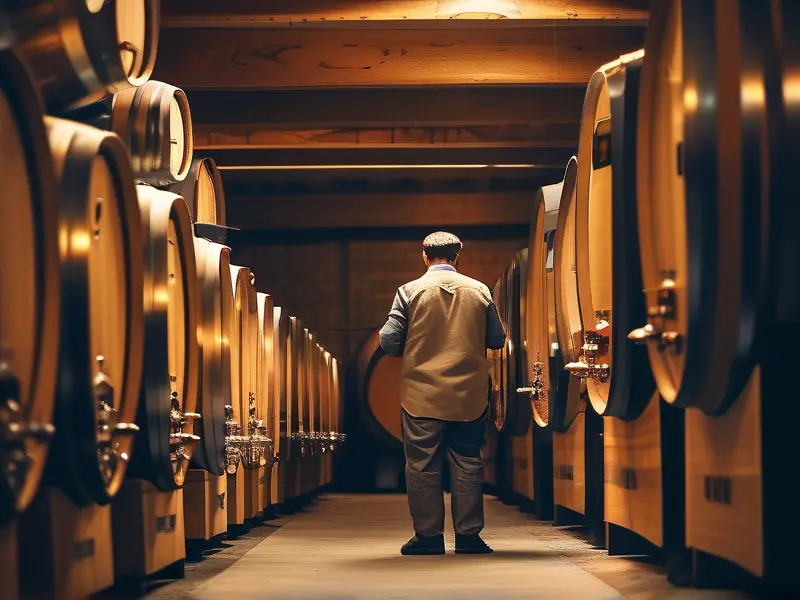 专业酿酒师在酒窖检查葡萄酒酿造过程