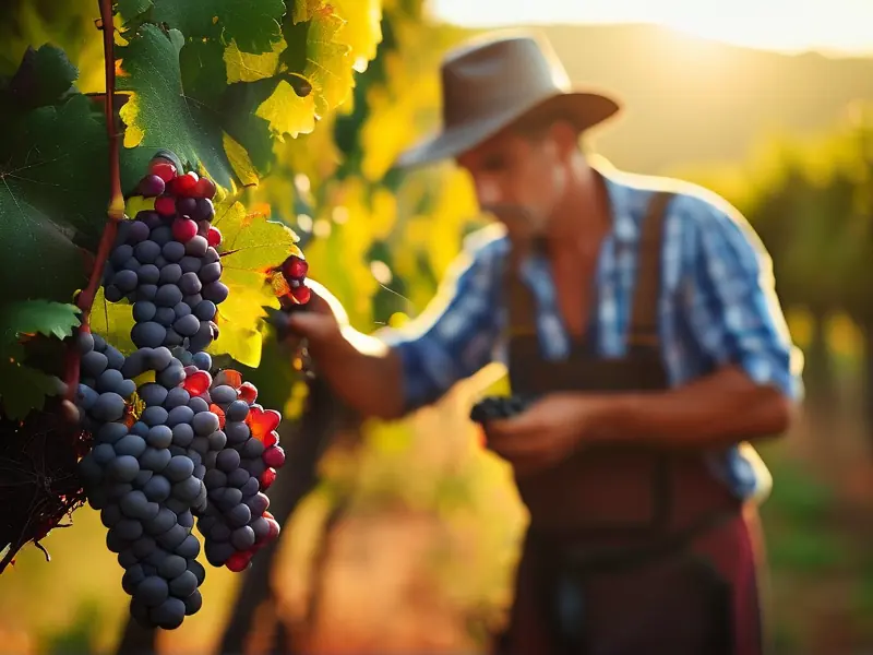 酿酒师在葡萄园采摘葡萄准备酿造葡萄酒