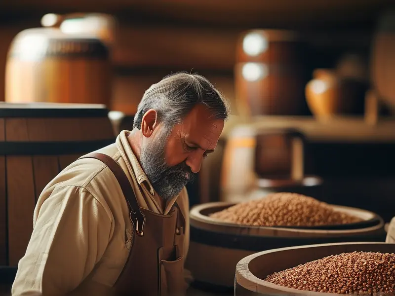 酿酒师检查荞麦酒发酵过程