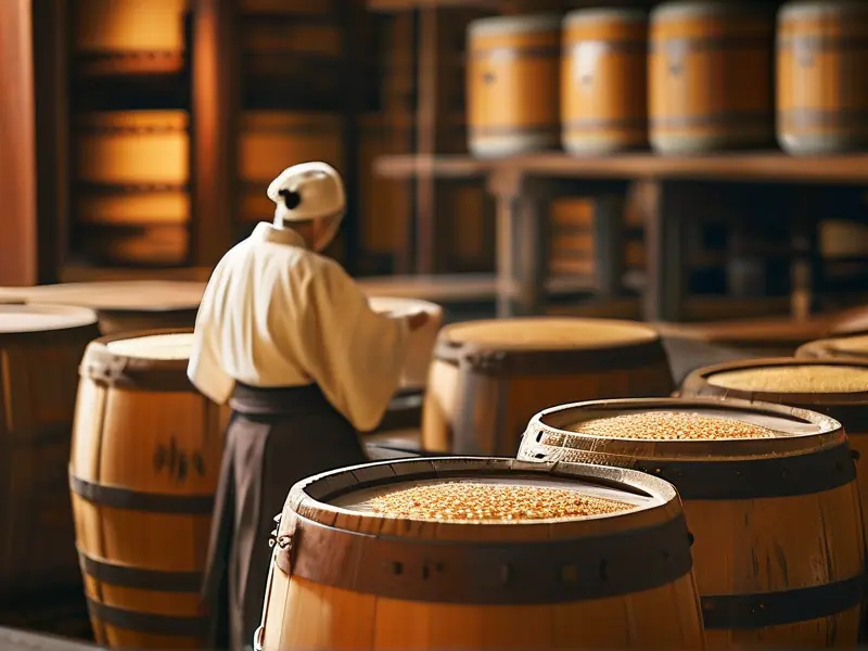 日本清酒传统酿造工艺中的米曲发酵过程实拍