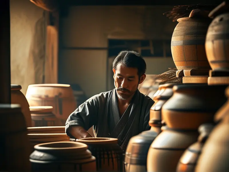 日本酿酒师在传统酿酒坊中工作