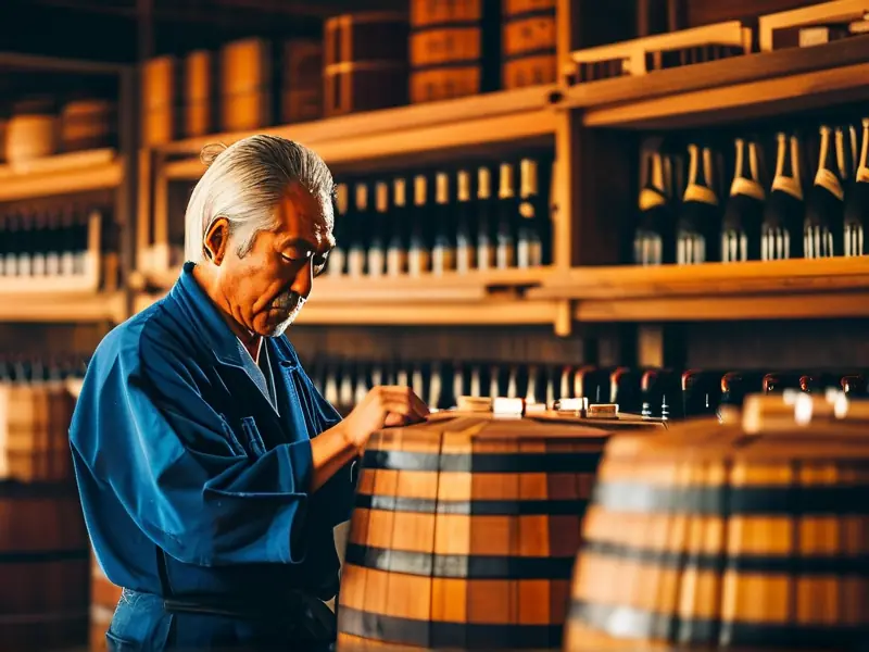 日本传统酿酒师在作坊中检查清酒发酵过程