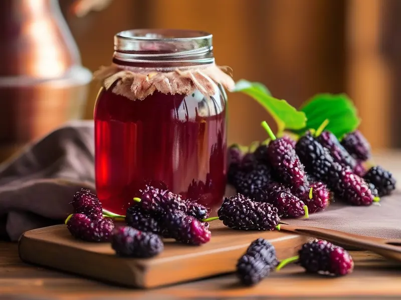 家庭自制桑葚果酒原料与成品展示