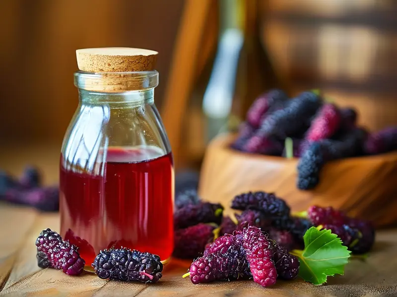 新鲜桑葚与自制桑葚酒成品对比图