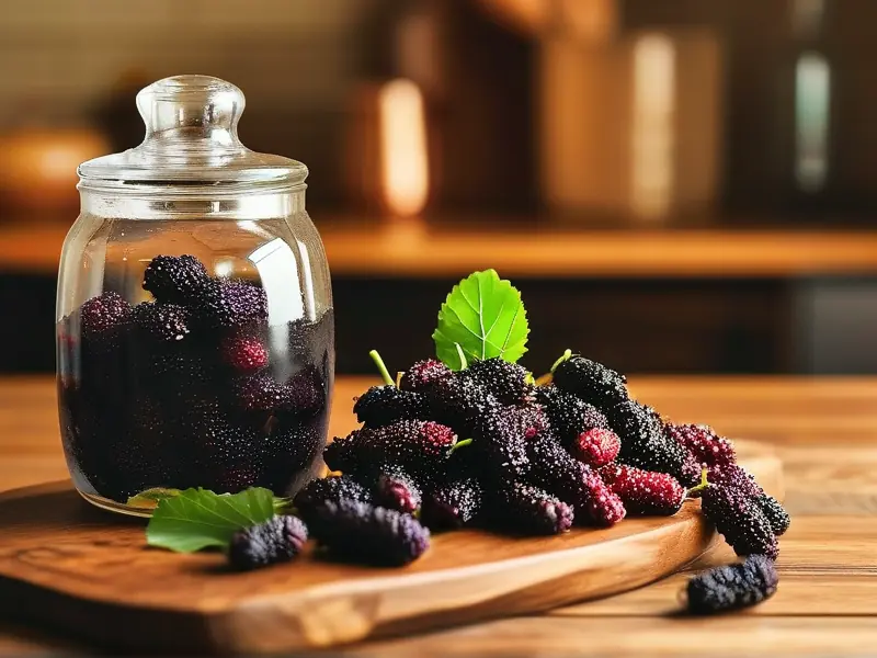 新鲜桑葚和酿酒工具准备