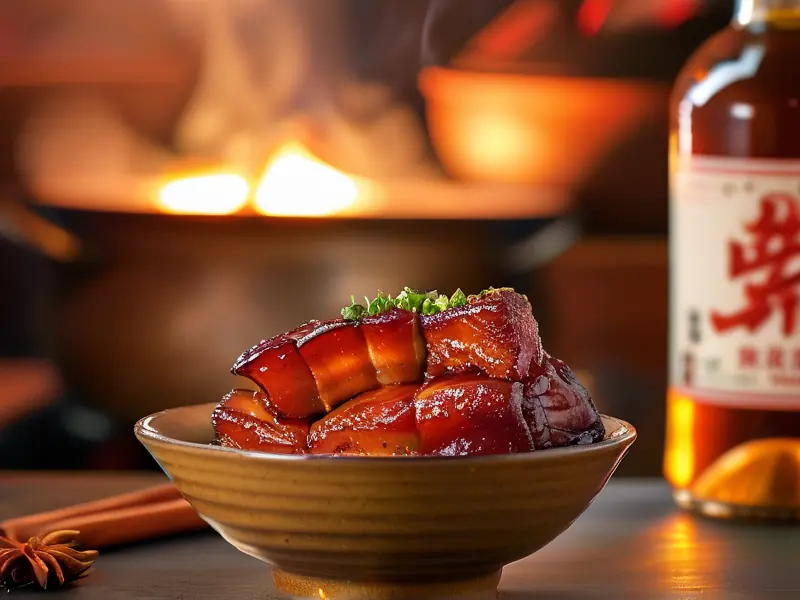 色香味俱全的红烧肉与料酒特写
